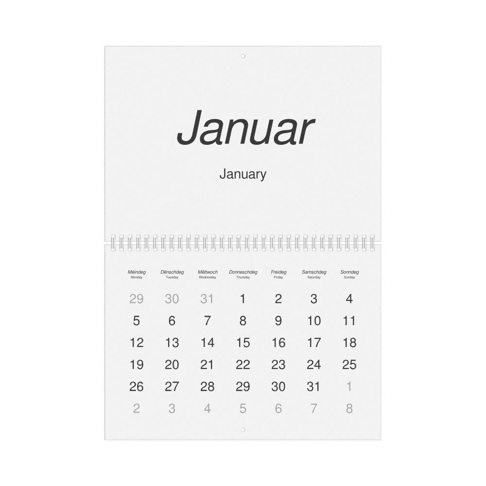 Leskoff 2026 Wall Calendar, Luxembourgish/English-Labeled, Monday-Start Layout, Wire-Bound, 11.7 x 8.3 in (29.7 x 21.0 cm), image 1 of 1