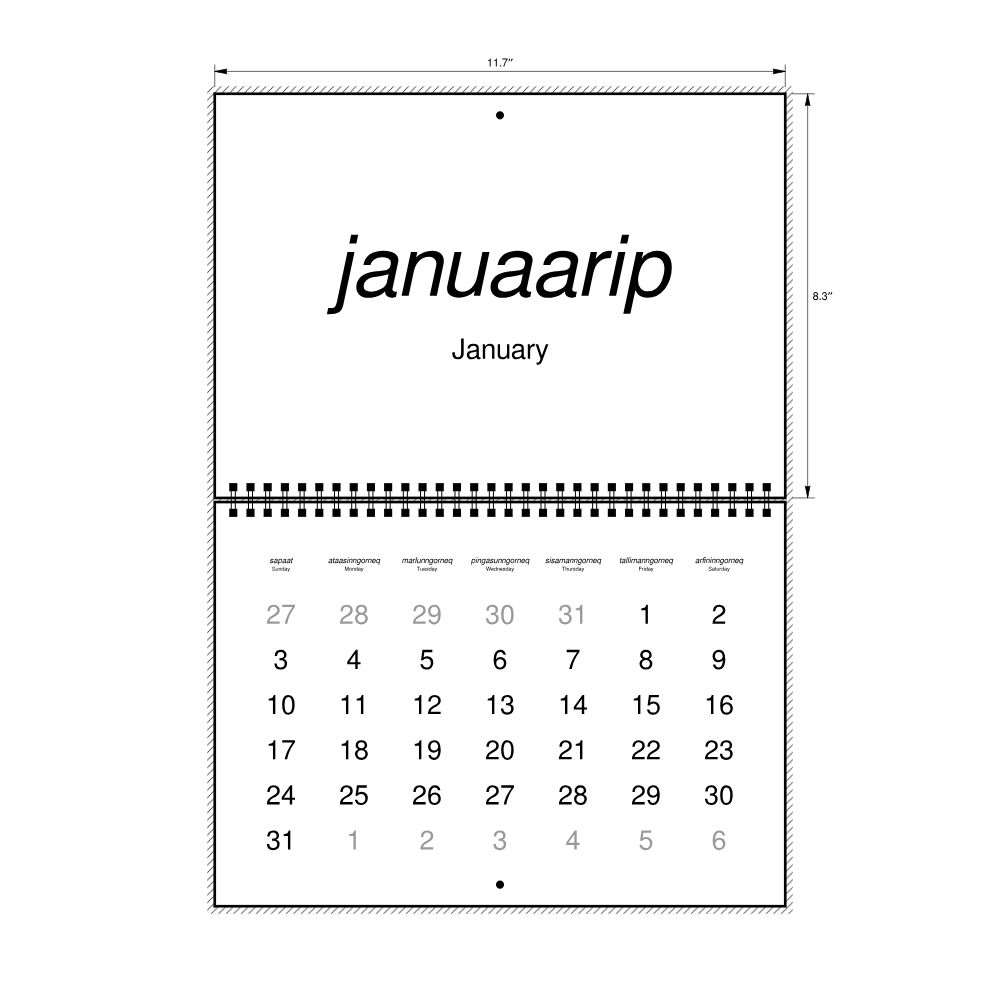 Leskoff 2027 Wall Calendar, Greenlandic/English-Labeled, Sunday-Start Layout, Wire-Bound, 11.7 x 8.3 in (29.7 x 21.0 cm), image 2 of 2