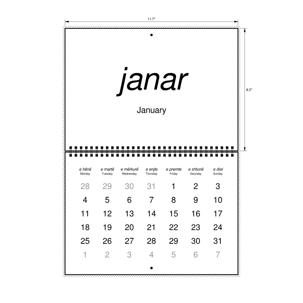Leskoff 2027 Wall Calendar, Albanian/English-Labeled, Monday-Start Layout, Wire-Bound, 11.7 x 8.3 in (29.7 x 21.0 cm), image 2 of 2