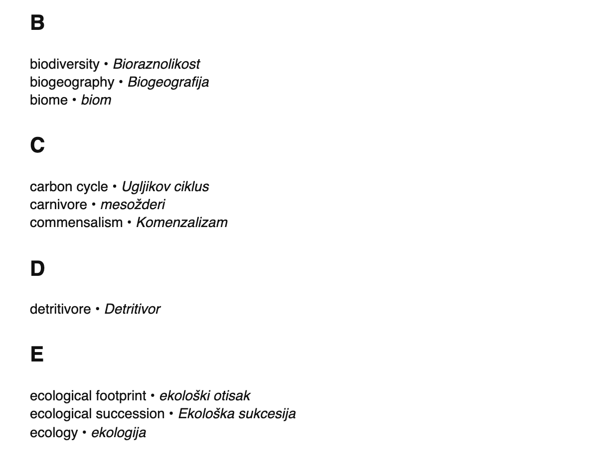 Ecology terms in Croatian