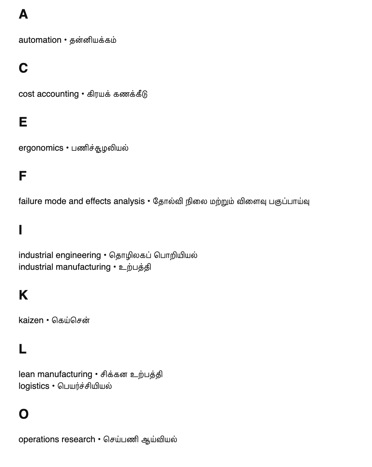Industrial engineering terms in Tamil