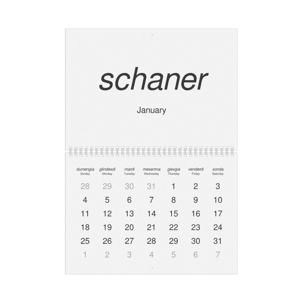 Leskoff 2026 Wall Calendar, Romansh/English-Labeled, Sunday-Start Layout, Wire-Bound, 11.7 x 8.3 in (29.7 x 21.0 cm), image 1 of 1