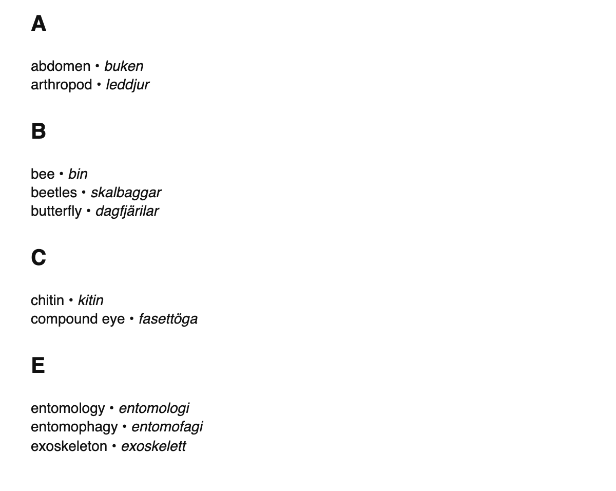 Entomology terms in Swedish