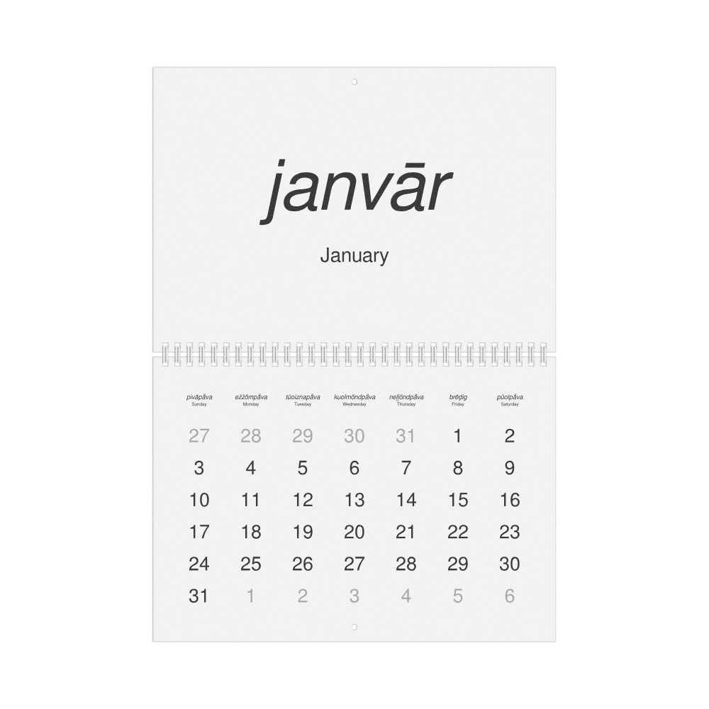 Leskoff 2027 Wall Calendar, Livonian/English-Labeled, Sunday-Start Layout, Wire-Bound, 11.7 x 8.3 in (29.7 x 21.0 cm), image 1 of 1