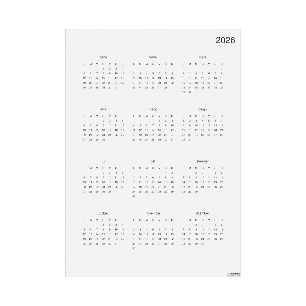 Leskoff 2026 Wall Calendar, Piedmontese-Labeled, Monday-Start Layout, Poster / Wall Print, 23.4 x 33.1 in (59.4 x 84.1 cm), image 1 of 1