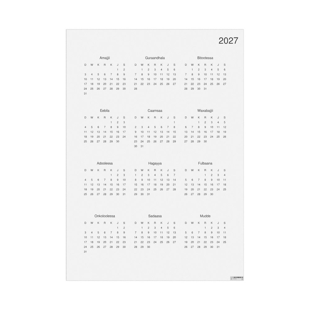 Leskoff 2027 Wall Calendar, Oromo-Labeled, Sunday-Start Layout, Poster / Wall Print, 23.4 x 33.1 in (59.4 x 84.1 cm), image 1 of 1
