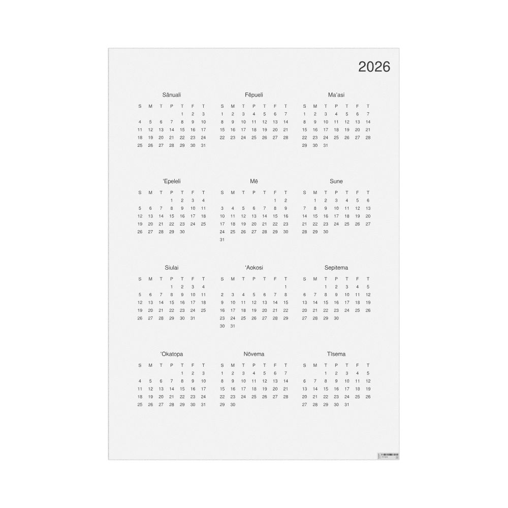 Leskoff 2026 Wall Calendar, Tongan-Labeled, Sunday-Start Layout, Poster / Wall Print, 23.4 x 33.1 in (59.4 x 84.1 cm), image 1 of 1