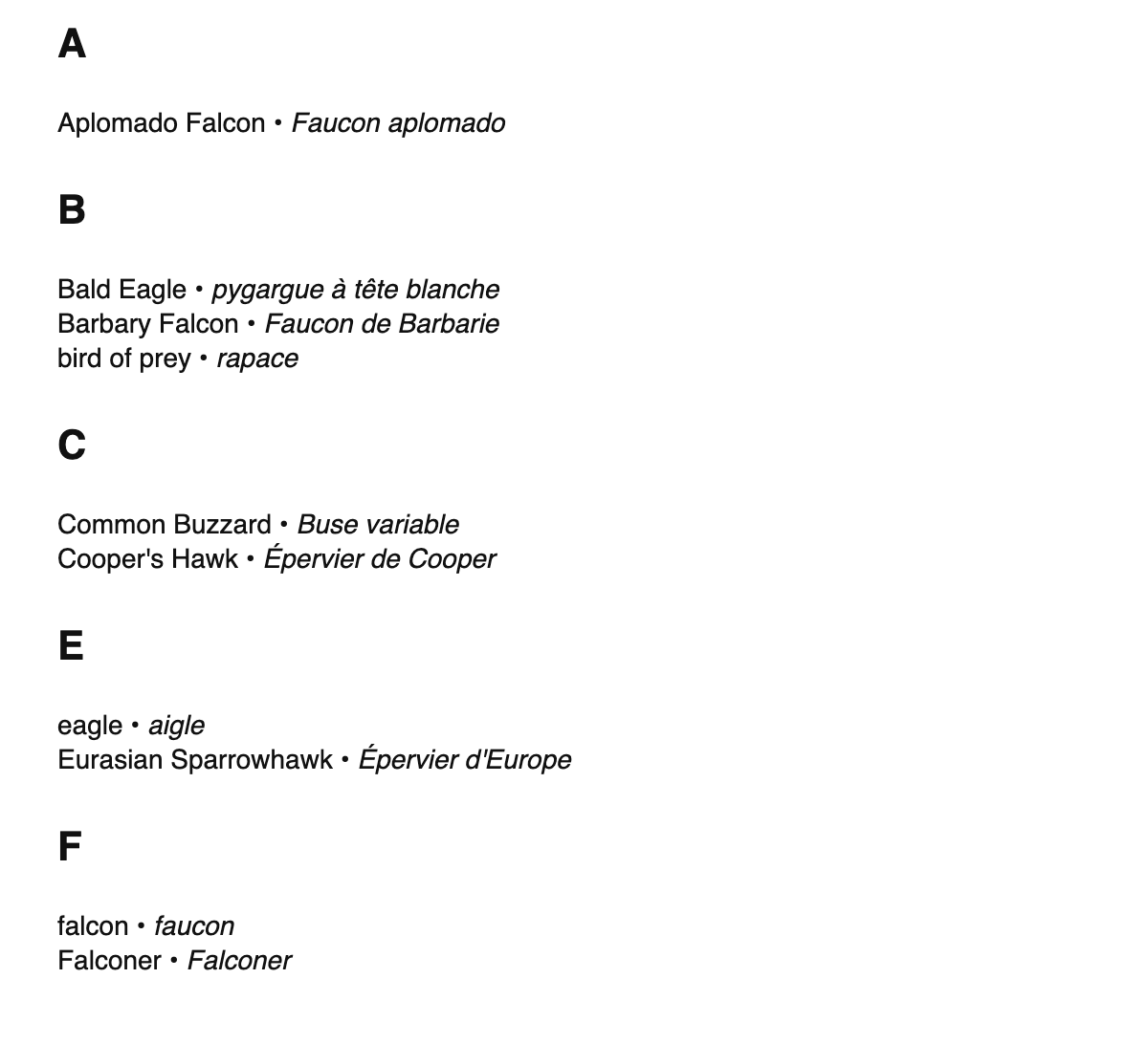 Falconry terms in French