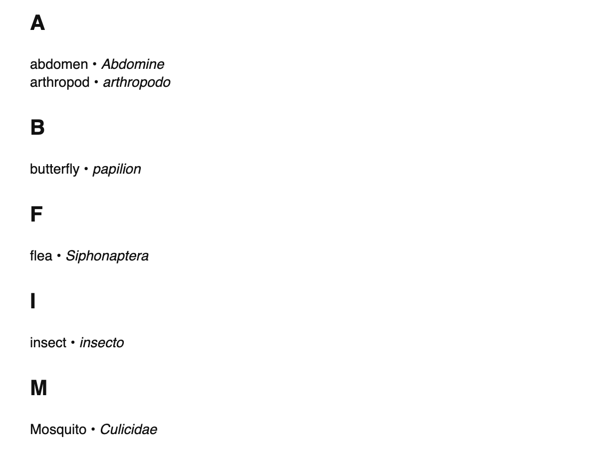 Entomology terms in Interlingua