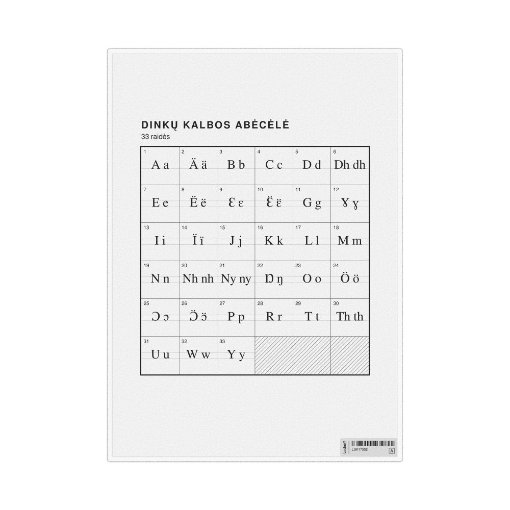 Leskoff Dinka Alphabet Chart, 8.3 x 11.7 in (21.0 x 29.7 cm, Desk Chart, Laminated), Lithuanian-Labeled, image 1 of 2