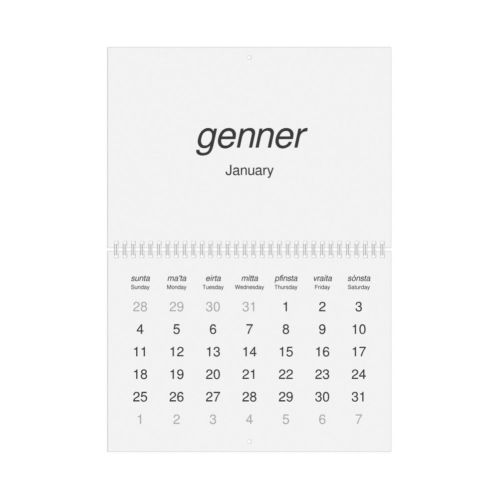 Leskoff 2026 Wall Calendar, Mòcheno/English-Labeled, Sunday-Start Layout, Wire-Bound, 11.7 x 8.3 in (29.7 x 21.0 cm), image 1 of 1