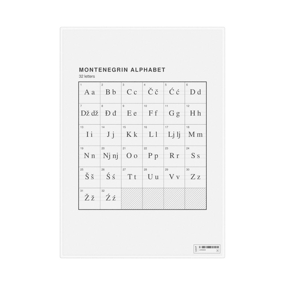 Leskoff Montenegrin Alphabet Chart, 8.3 x 11.7 in (21.0 x 29.7 cm, Desk Chart, Laminated), image 1 of 2