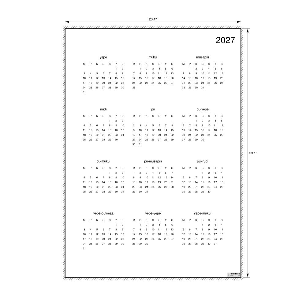 Leskoff 2027 Wall Calendar, Nheengatu-Labeled, Sunday-Start Layout, Poster / Wall Print, 23.4 x 33.1 in (59.4 x 84.1 cm), image 2 of 2