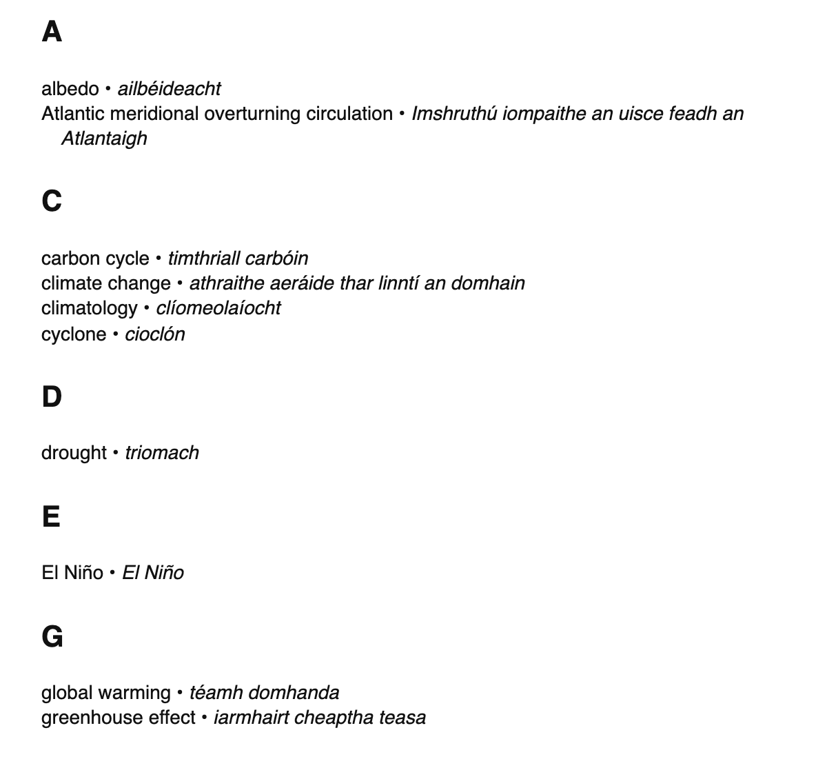 Climatology terms in Irish