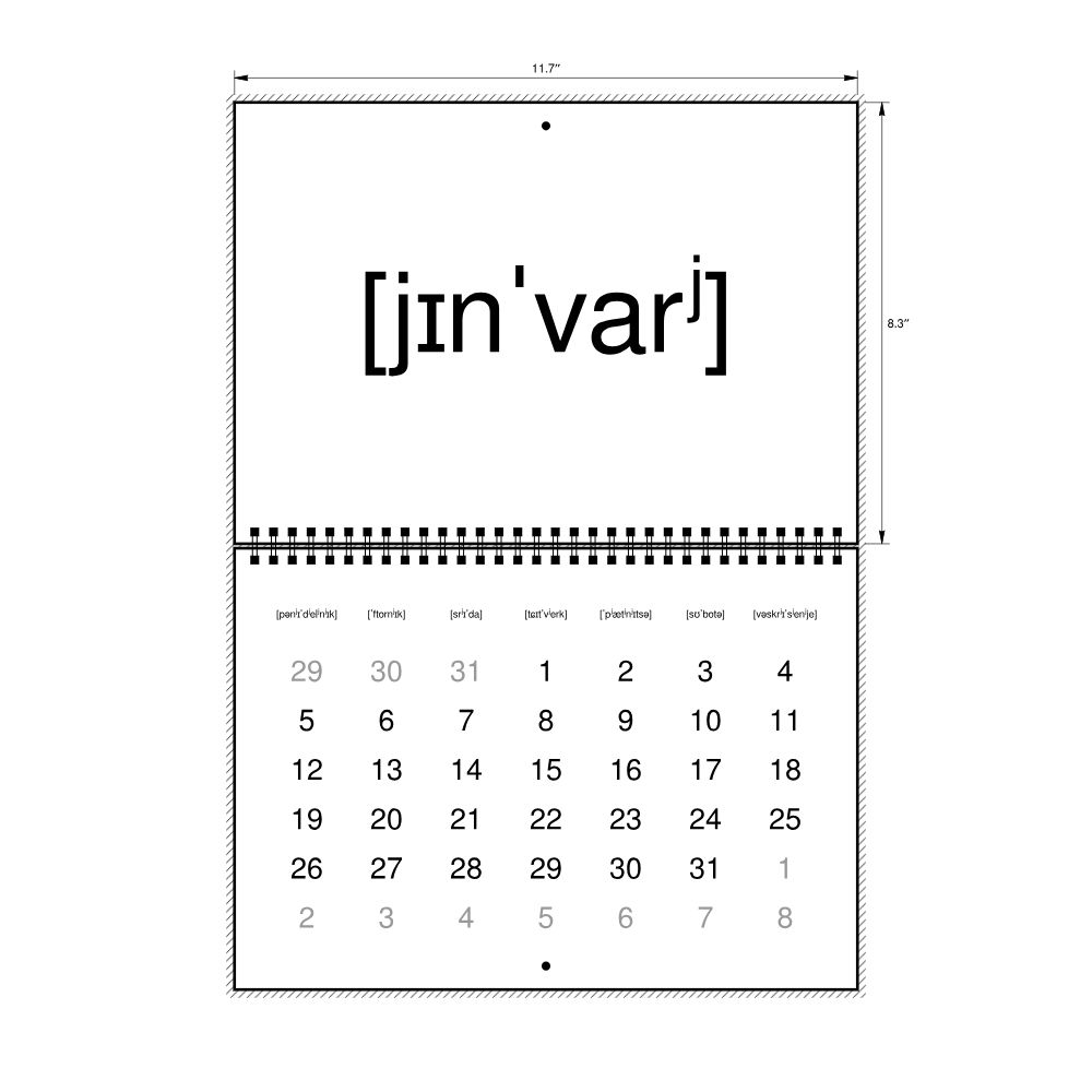Leskoff 2026 Phonetic Wall Calendar, IPA-Labeled (Russian), Monday-Start Layout, Wire-Bound, 11.7 x 8.3 in (29.7 x 21.0 cm), image 2 of 2