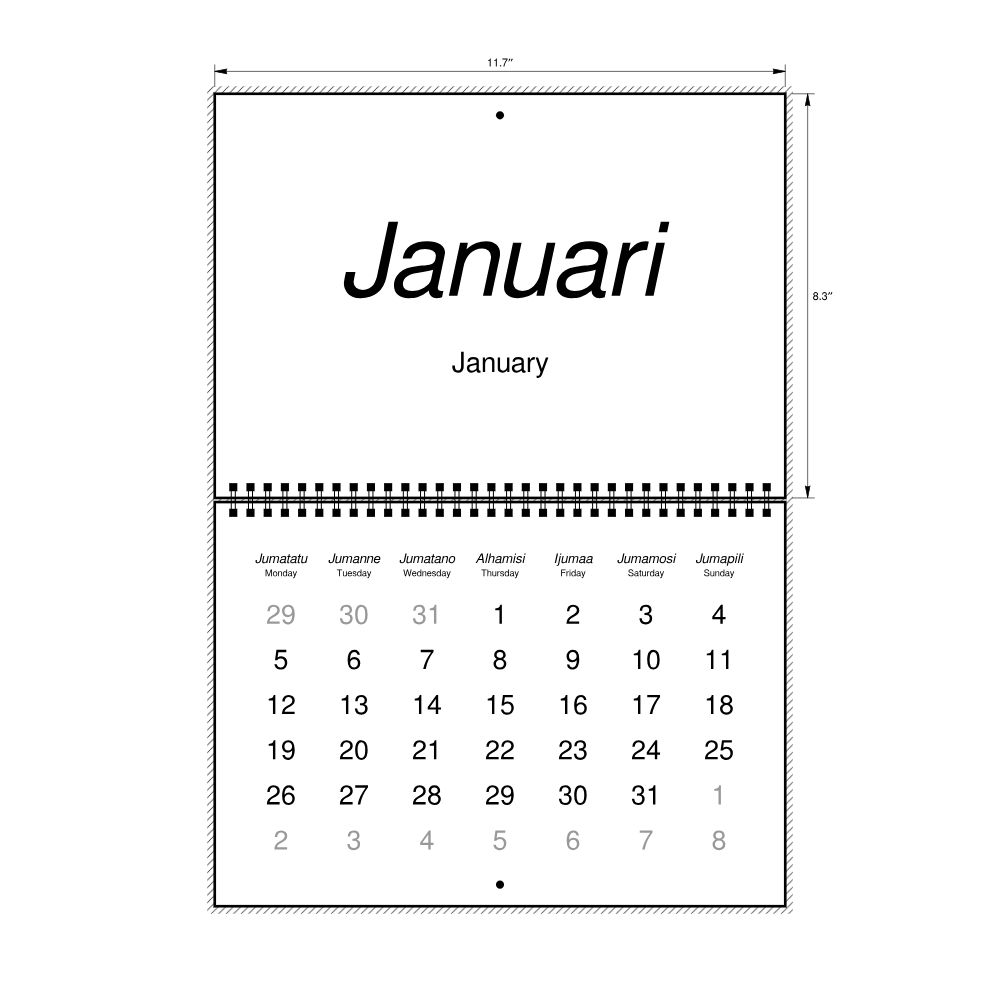 Leskoff 2026 Wall Calendar, Swahili/English-Labeled, Monday-Start Layout, Wire-Bound, 11.7 x 8.3 in (29.7 x 21.0 cm), image 2 of 2