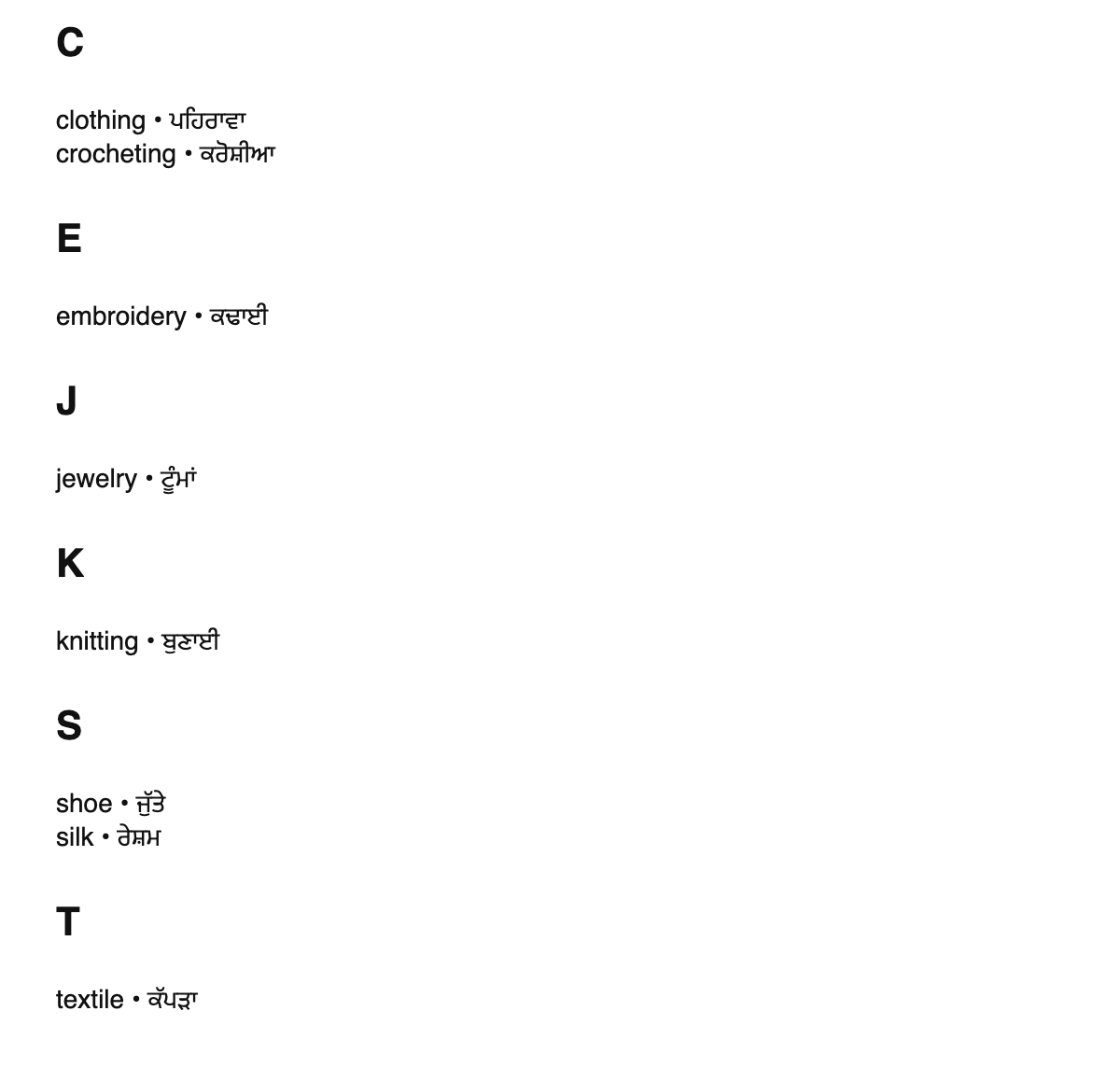 Fashion design terms in Punjabi