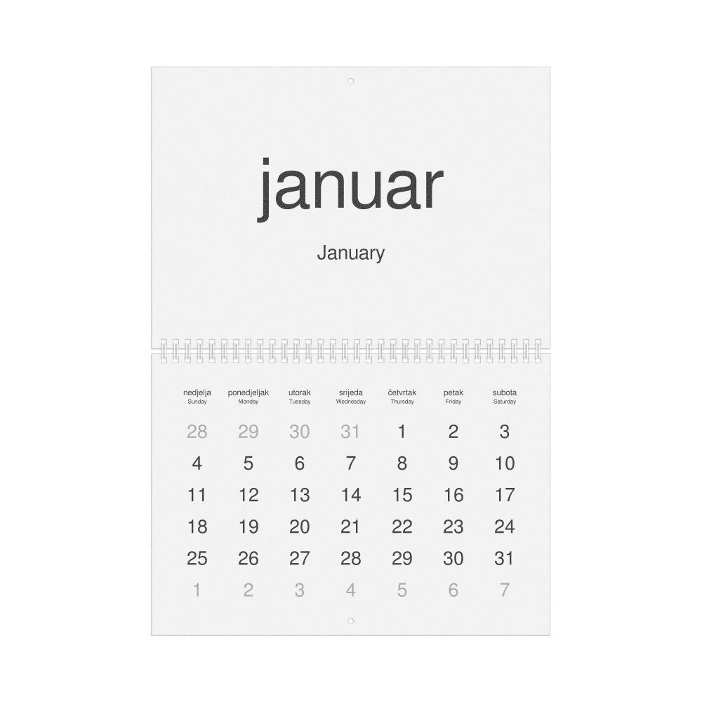 Leskoff 2026 Wall Calendar, Montenegrin/English-Labeled, Sunday-Start Layout, Wire-Bound, 11.7 x 8.3 in (29.7 x 21.0 cm), image 1 of 1