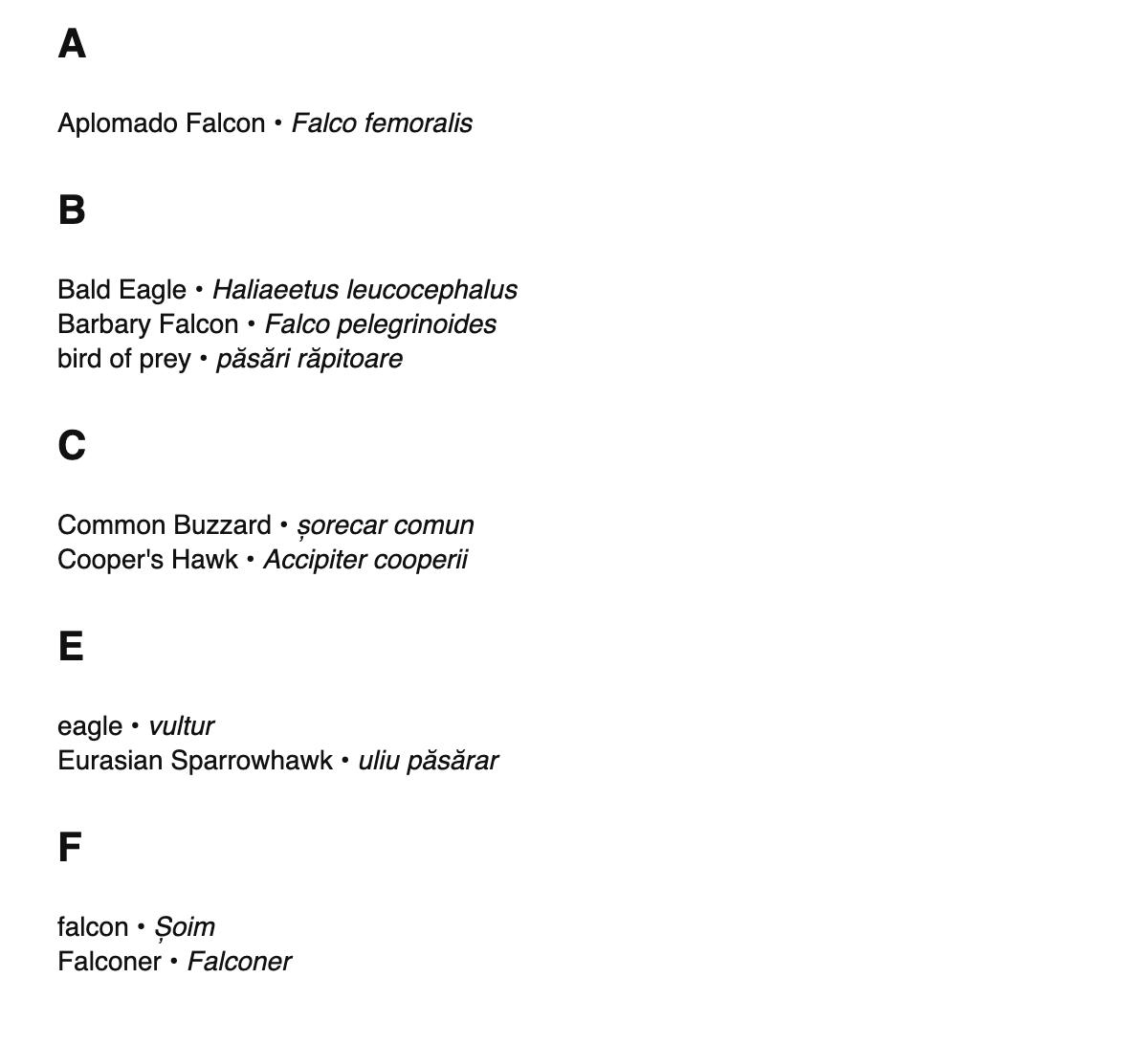 Falconry terms in Romanian