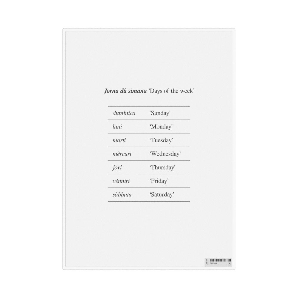Leskoff Days of the Week in Sicilian, Desk Chart, 8.3 x 11.7 in (21.0 x 29.7 cm), image 1 of 1