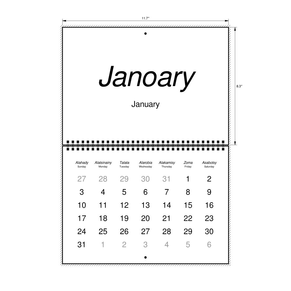 Leskoff 2027 Wall Calendar, Malagasy/English-Labeled, Sunday-Start Layout, Wire-Bound, 11.7 x 8.3 in (29.7 x 21.0 cm), image 2 of 2