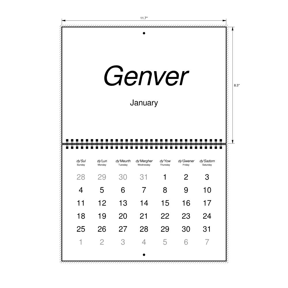 Leskoff 2026 Wall Calendar, Cornish/English-Labeled, Sunday-Start Layout, Wire-Bound, 11.7 x 8.3 in (29.7 x 21.0 cm), image 2 of 2