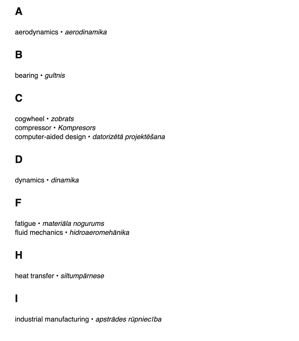 Mechanical engineering terms in Latvian