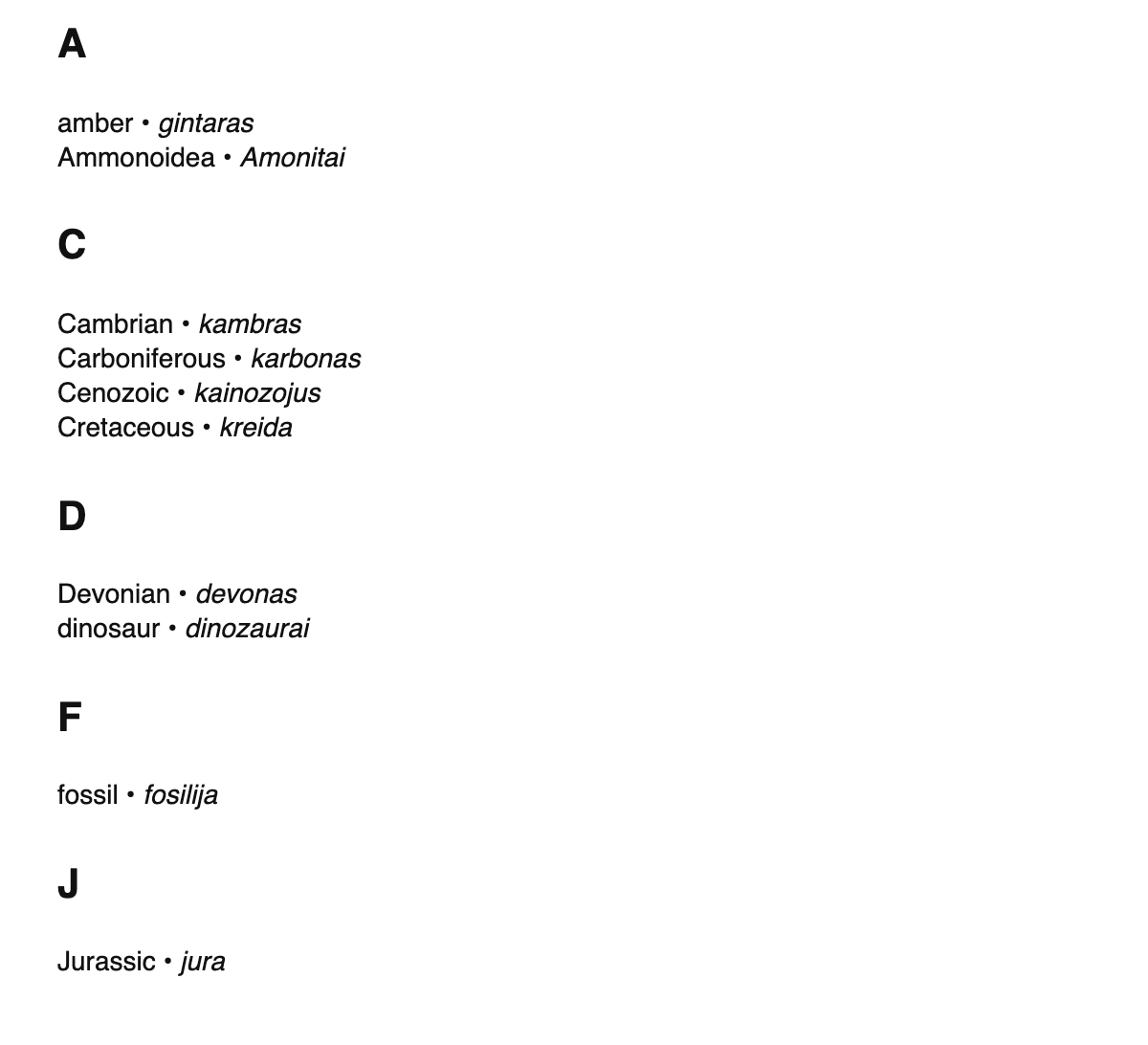 Paleontology terms in Lithuanian