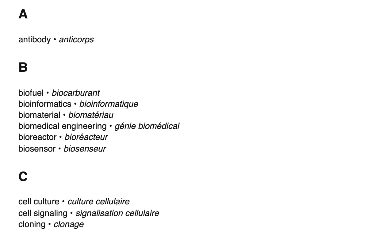 Bioengineering terms in French