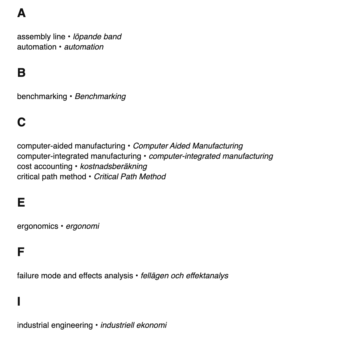 Industrial engineering terms in Swedish