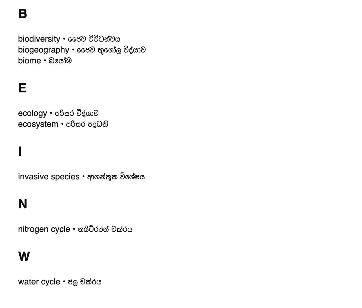 Ecology terms in Sinhala