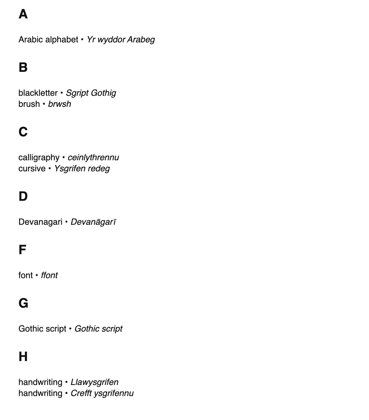Calligraphy terms in Welsh