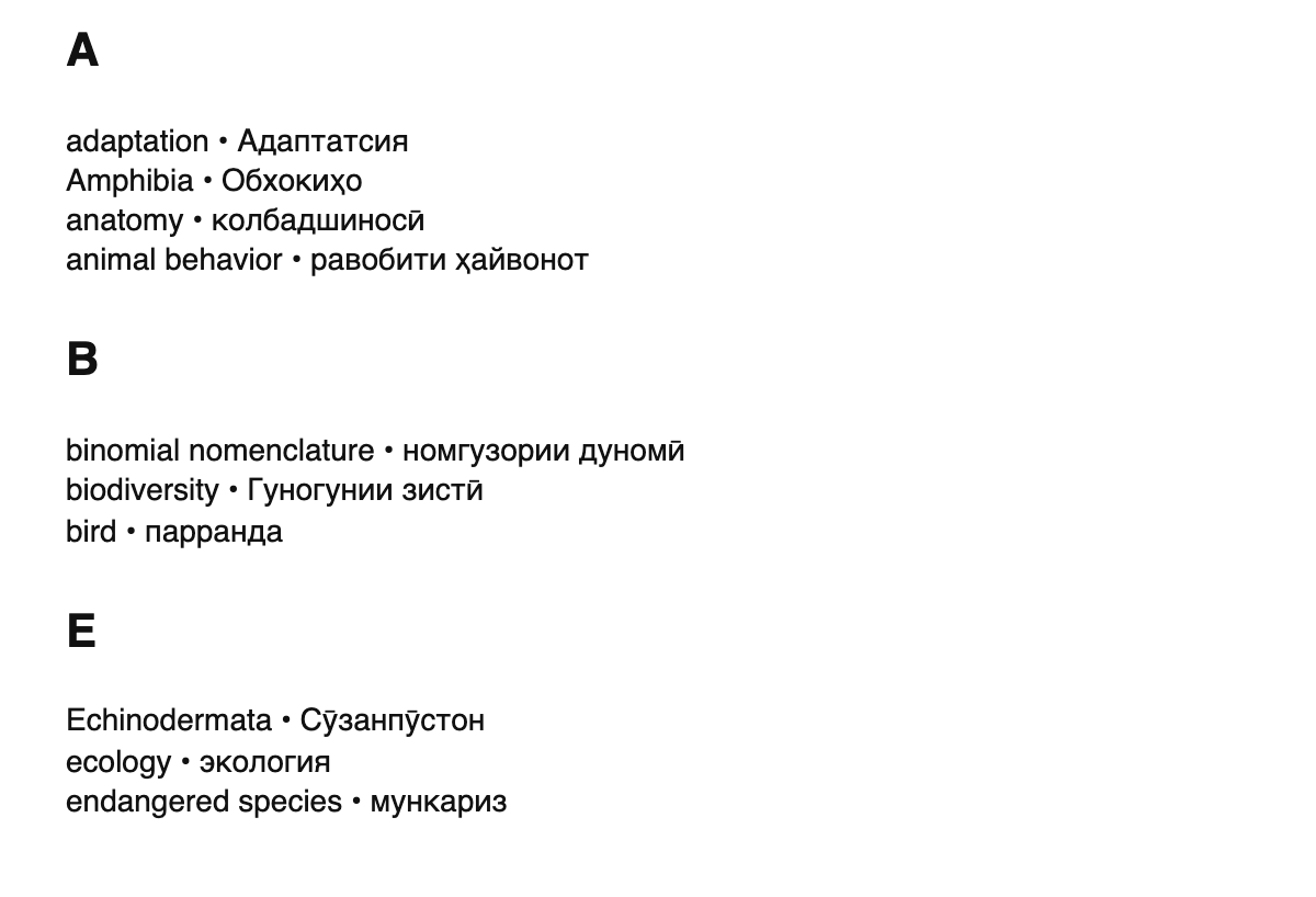Zoology terms in Tajik