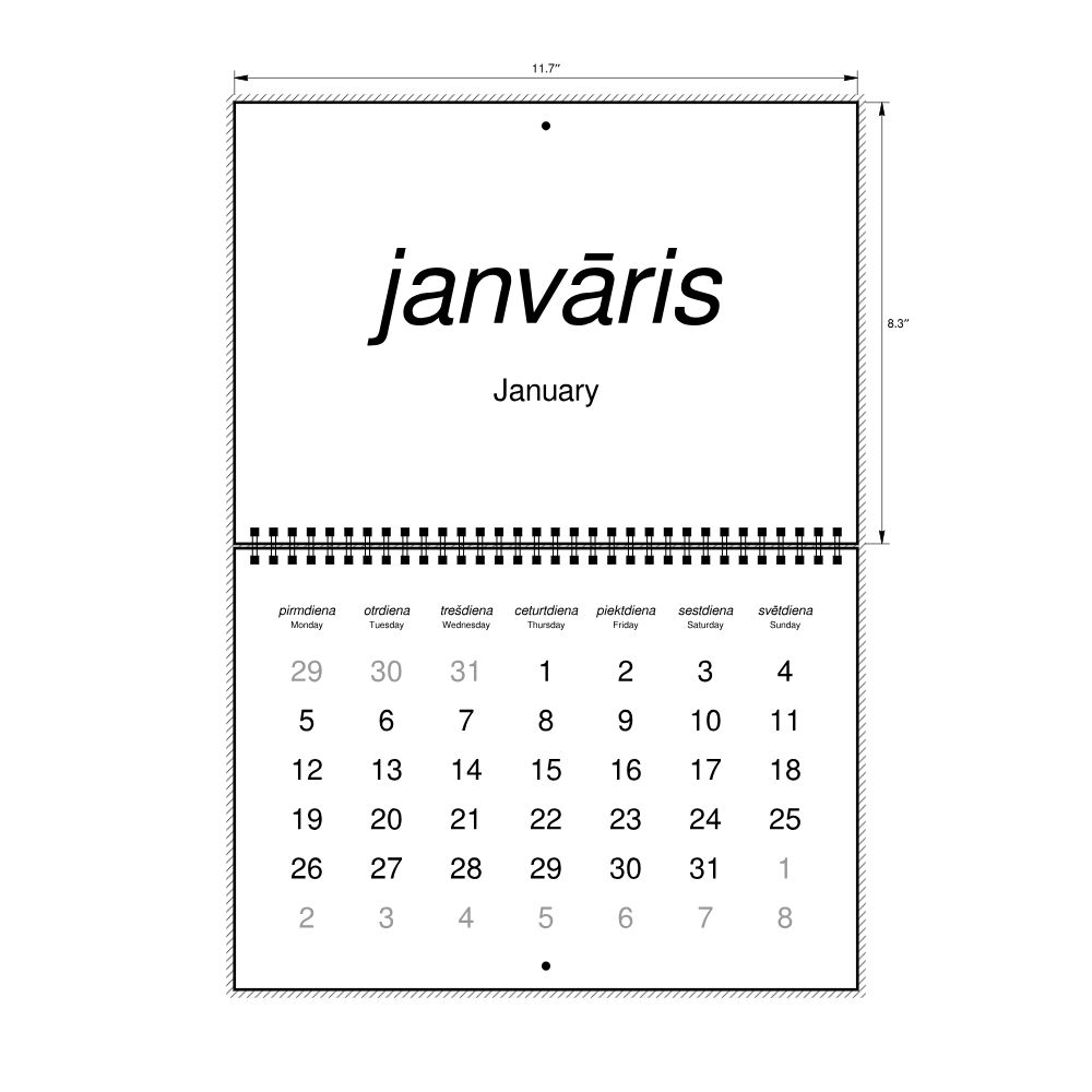 Leskoff 2026 Wall Calendar, Latvian/English-Labeled, Monday-Start Layout, Wire-Bound, 11.7 x 8.3 in (29.7 x 21.0 cm), image 2 of 2
