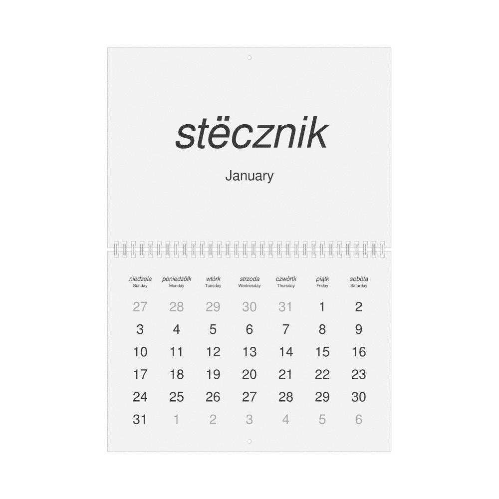 Leskoff 2027 Wall Calendar, Kashubian/English-Labeled, Sunday-Start Layout, Wire-Bound, 11.7 x 8.3 in (29.7 x 21.0 cm), image 1 of 1