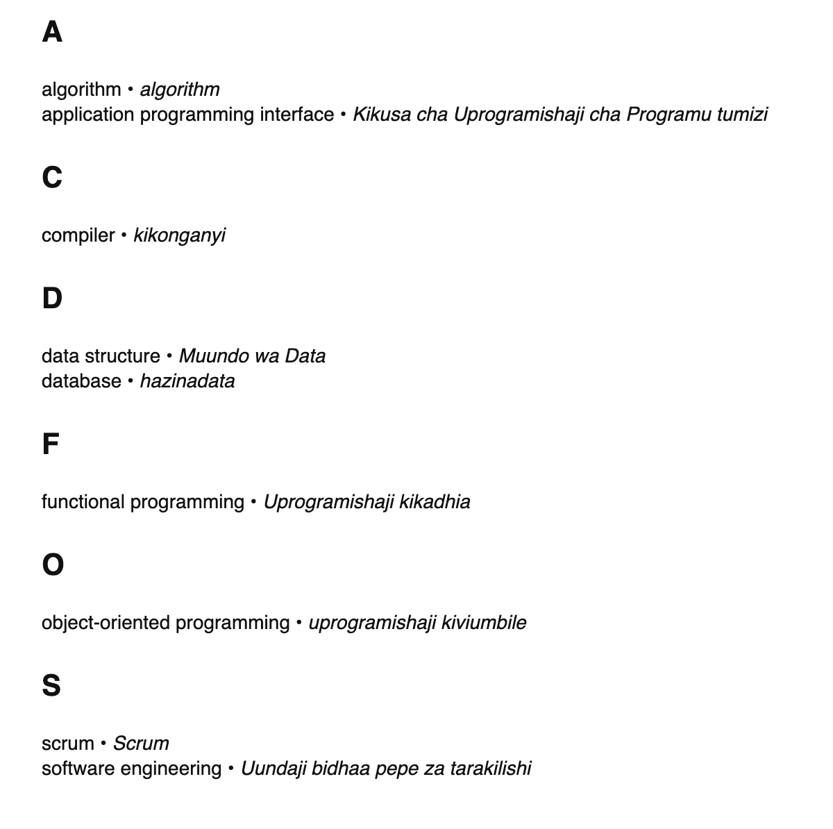 Software engineering terms in Swahili