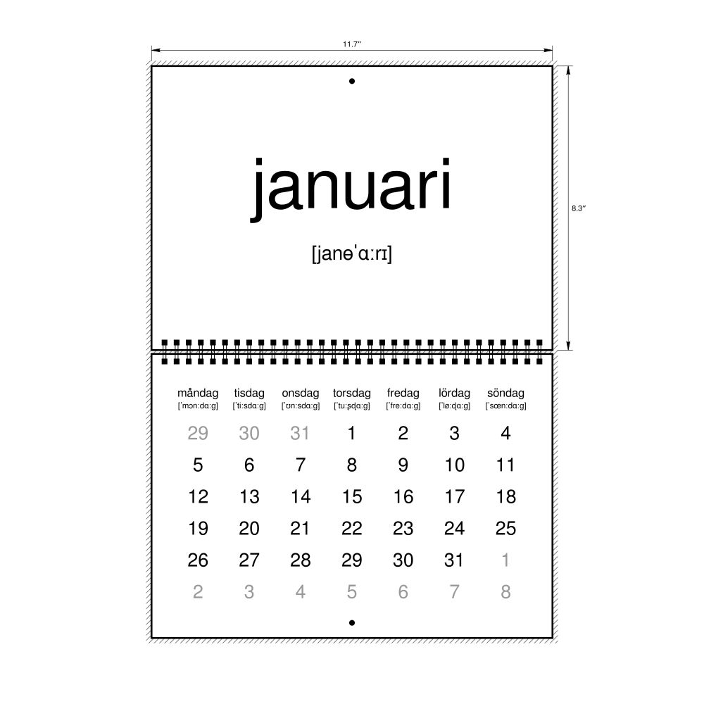 Leskoff 2026 Phonetic Wall Calendar, Swedish-Labeled with IPA, Monday-Start Layout, Wire-Bound, 11.7 x 8.3 in (29.7 x 21.0 cm), image 1 of 1