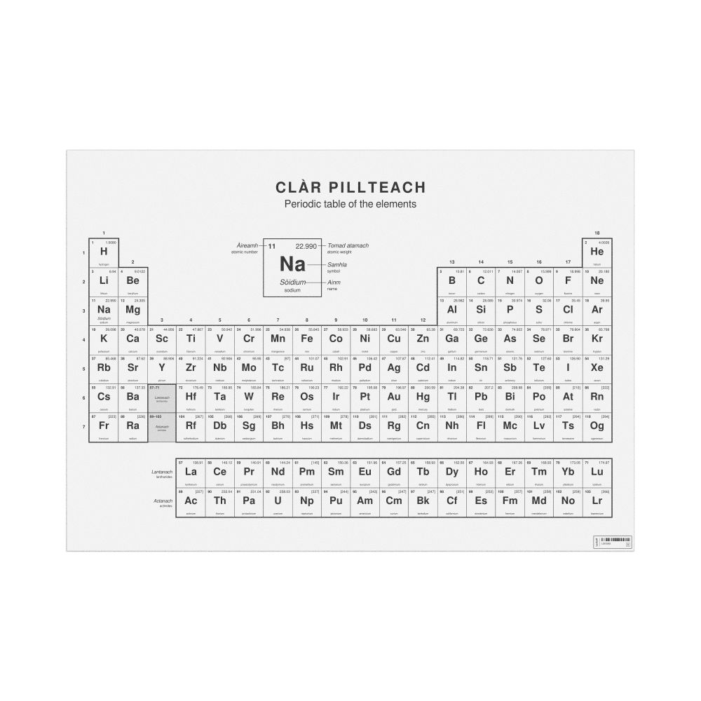 Leskoff Periodic Table Chart, 33.1 x 23.4 in (84.1 x 59.4 cm, Poster / Wall Chart), 18-Column Layout, Scottish Gaelic/English-Labeled, image 1 of 2