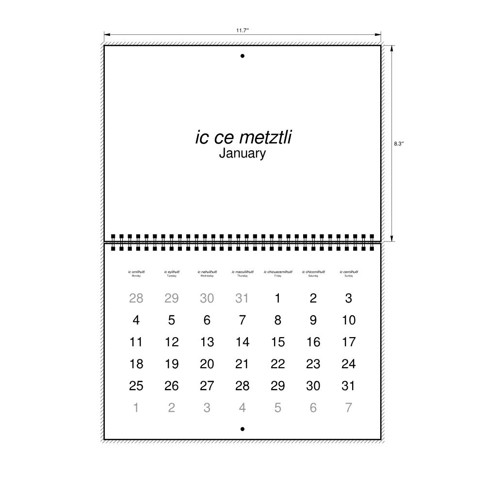 Leskoff 2027 Wall Calendar, Classical Nahuatl/English-Labeled, Monday-Start Layout, Wire-Bound, 11.7 x 8.3 in (29.7 x 21.0 cm), image 2 of 2