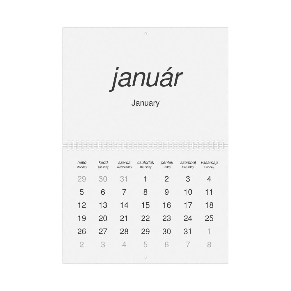 Leskoff 2026 Wall Calendar, Hungarian/English-Labeled, Monday-Start Layout, Wire-Bound, 11.7 x 8.3 in (29.7 x 21.0 cm), image 1 of 1