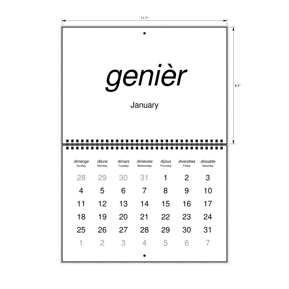 Leskoff 2026 Wall Calendar, Occitan/English-Labeled, Sunday-Start Layout, Wire-Bound, 11.7 x 8.3 in (29.7 x 21.0 cm), image 2 of 2