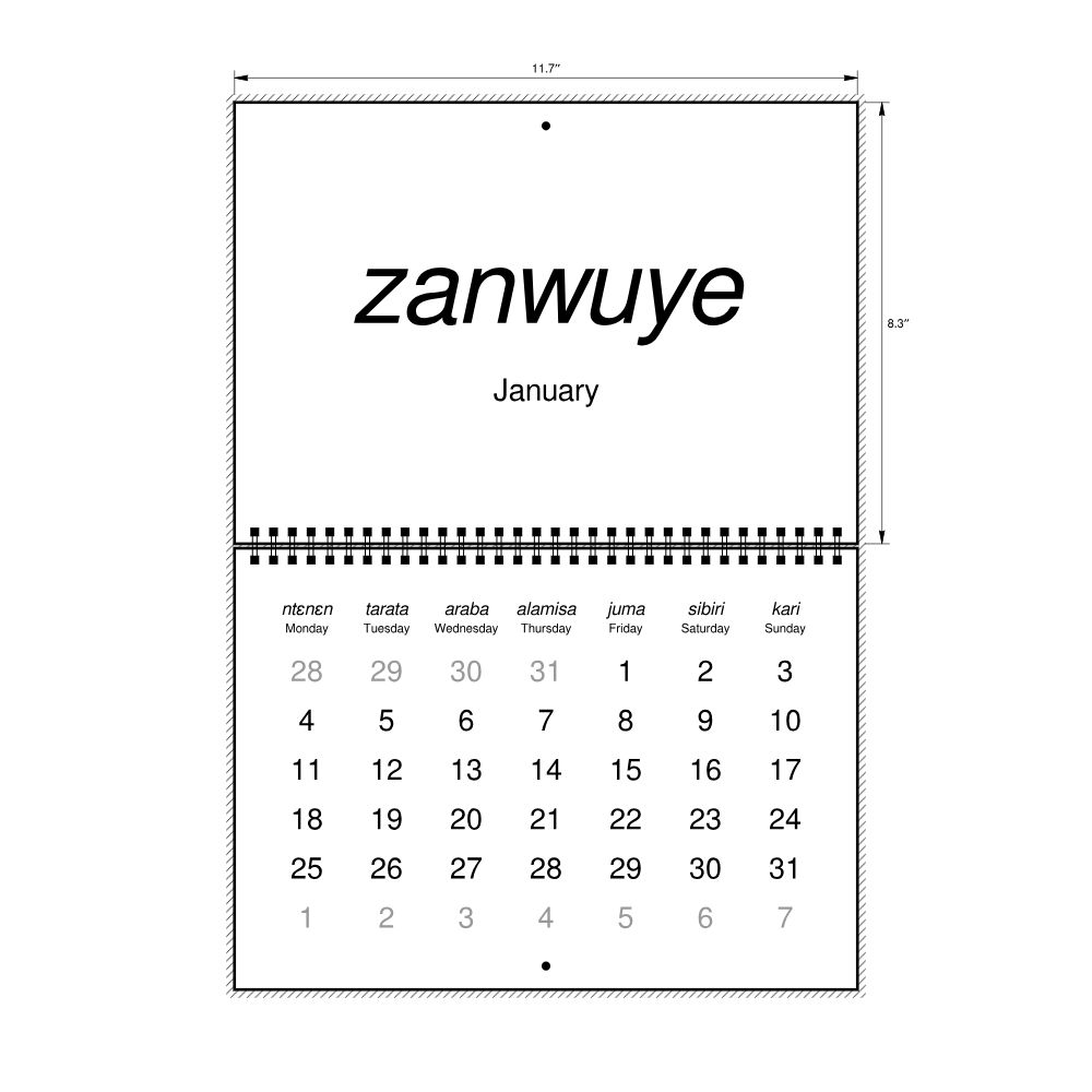 Leskoff 2027 Wall Calendar, Bambara/English-Labeled, Monday-Start Layout, Wire-Bound, 11.7 x 8.3 in (29.7 x 21.0 cm), image 2 of 2