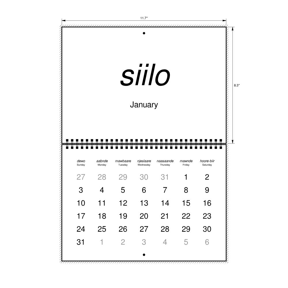 Leskoff 2027 Wall Calendar, Fula/English-Labeled, Sunday-Start Layout, Wire-Bound, 11.7 x 8.3 in (29.7 x 21.0 cm), image 2 of 2