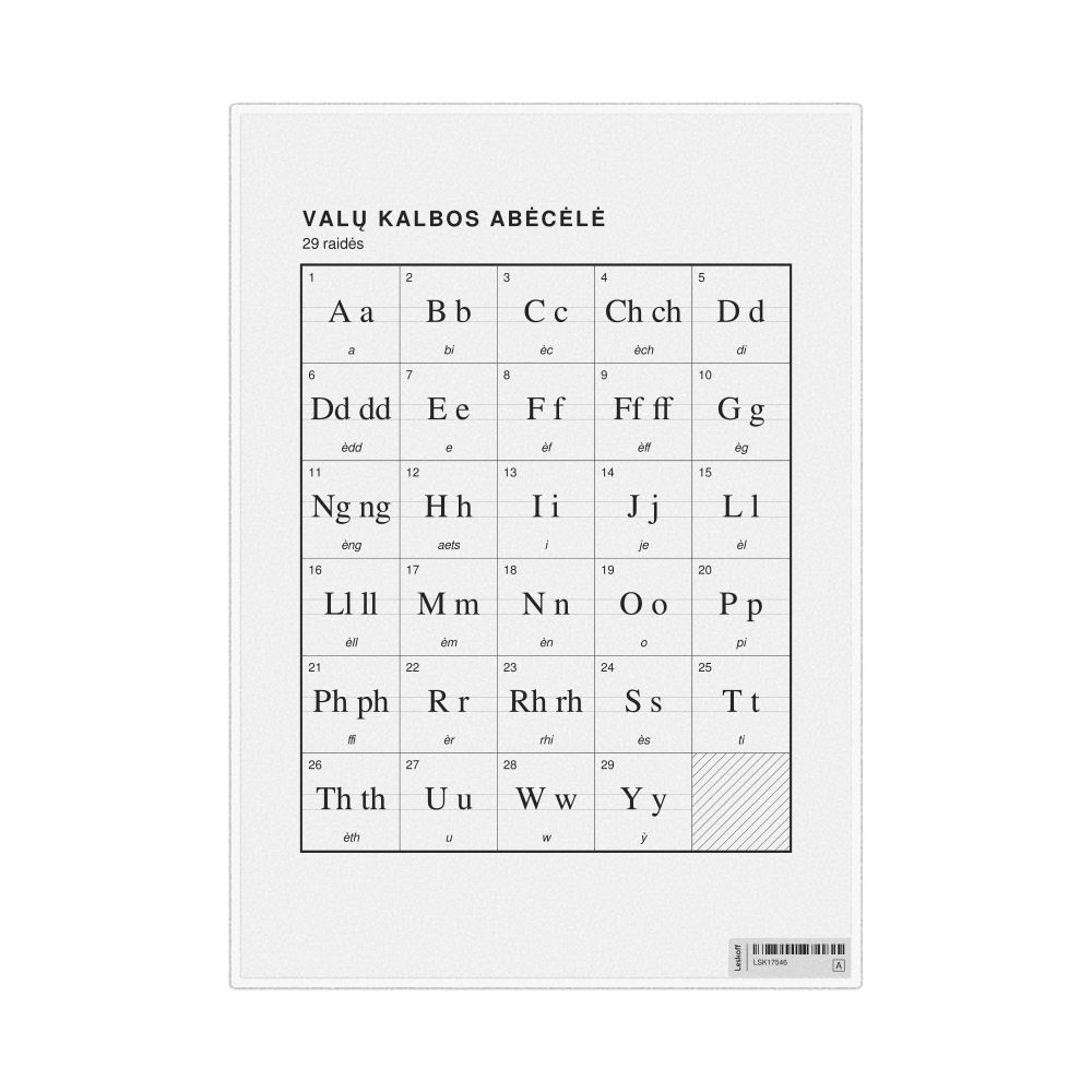 Leskoff Welsh Alphabet Chart, 8.3 x 11.7 in (21.0 x 29.7 cm, Desk Chart, Laminated), Lithuanian-Labeled, image 1 of 2