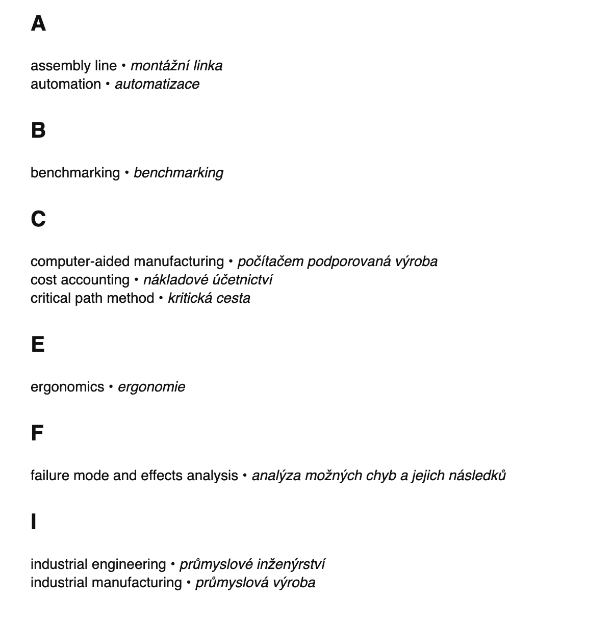 Industrial engineering terms in Czech