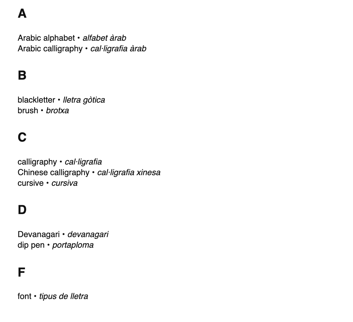 Calligraphy terms in Catalan