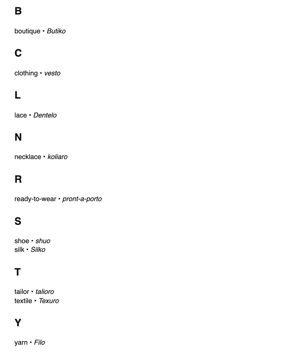 Fashion design terms in Ido