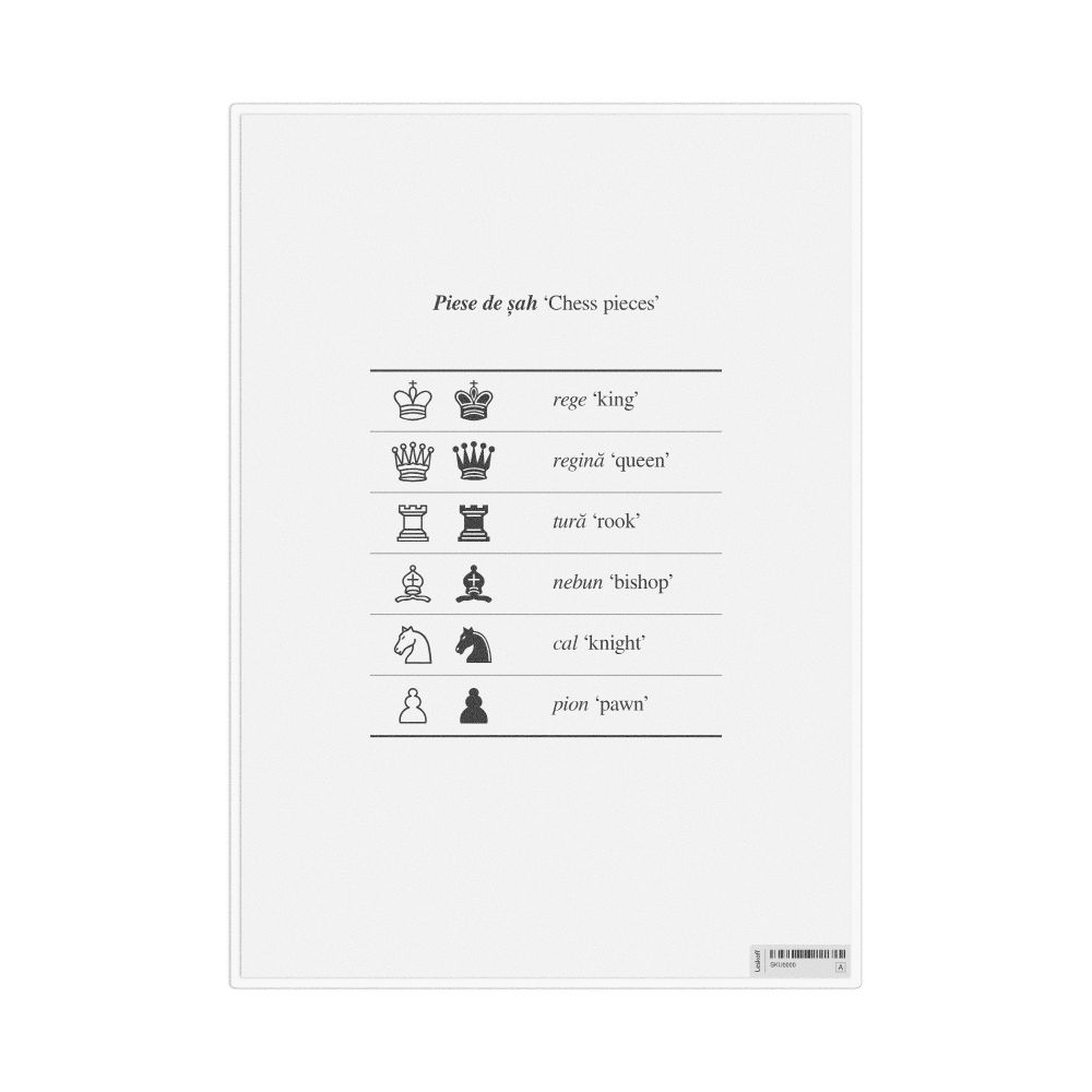 Leskoff Chess Pieces in Romanian, Desk Chart, 8.3 x 11.7 in (21.0 x 29.7 cm), image 1 of 1