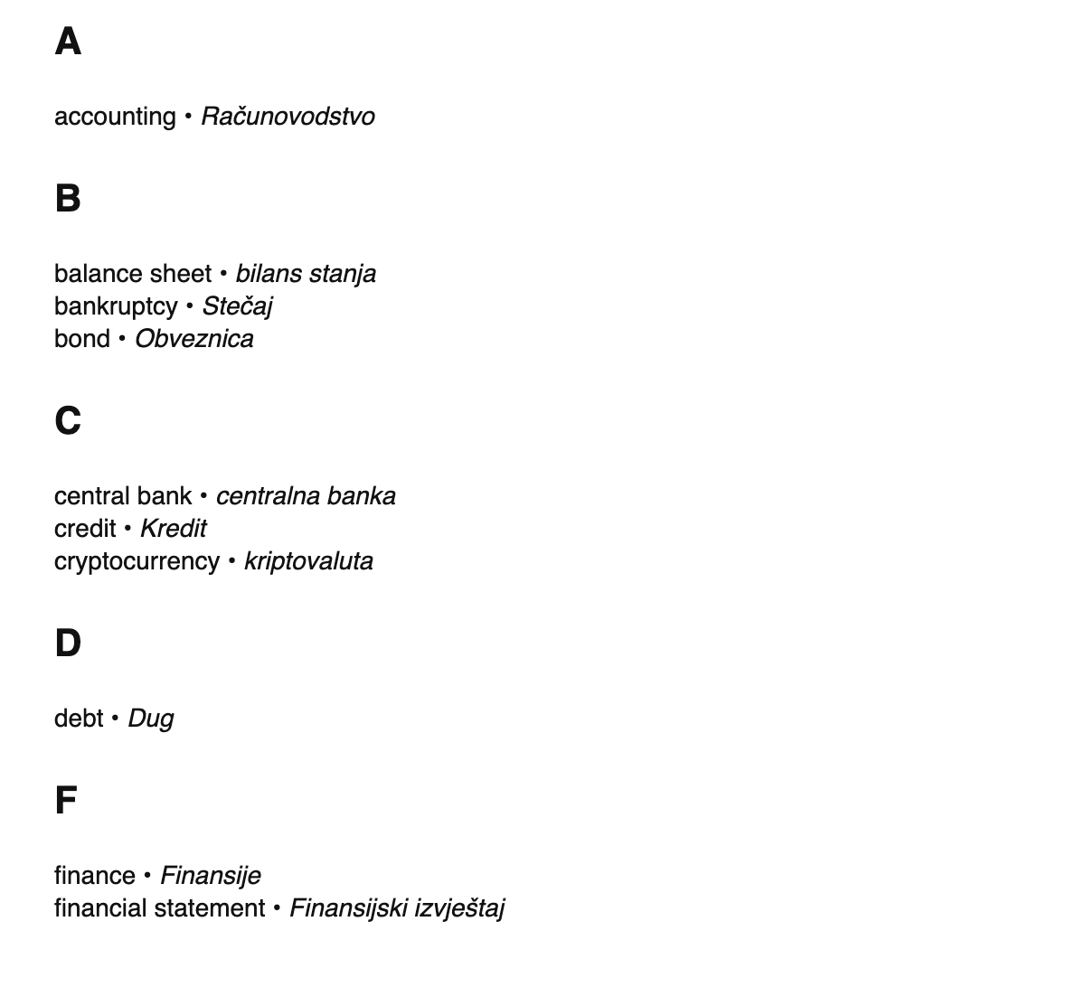 Finance terms in Bosnian