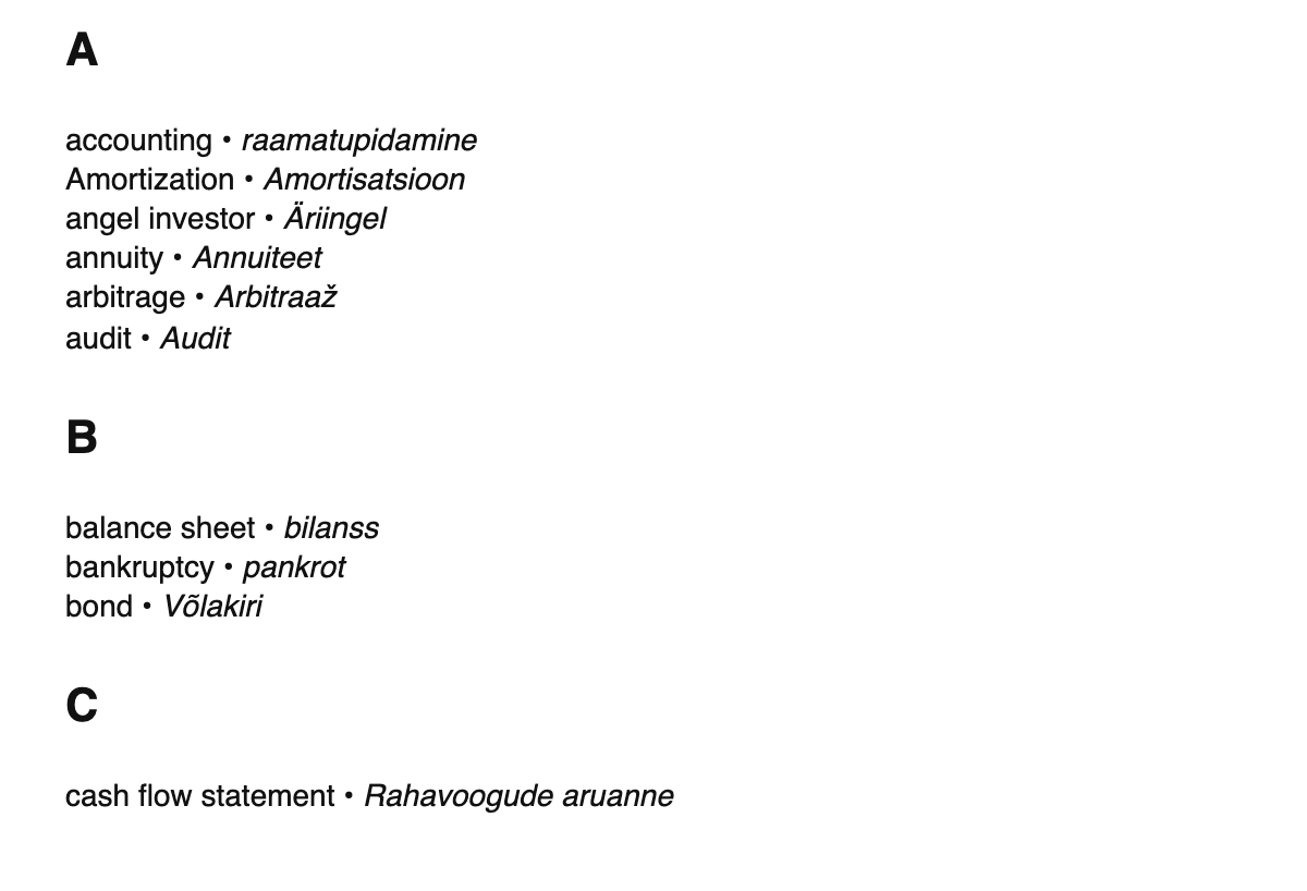 Finance terms in Estonian